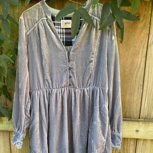 Periwinkle blue silvery velvet dress with pockets.